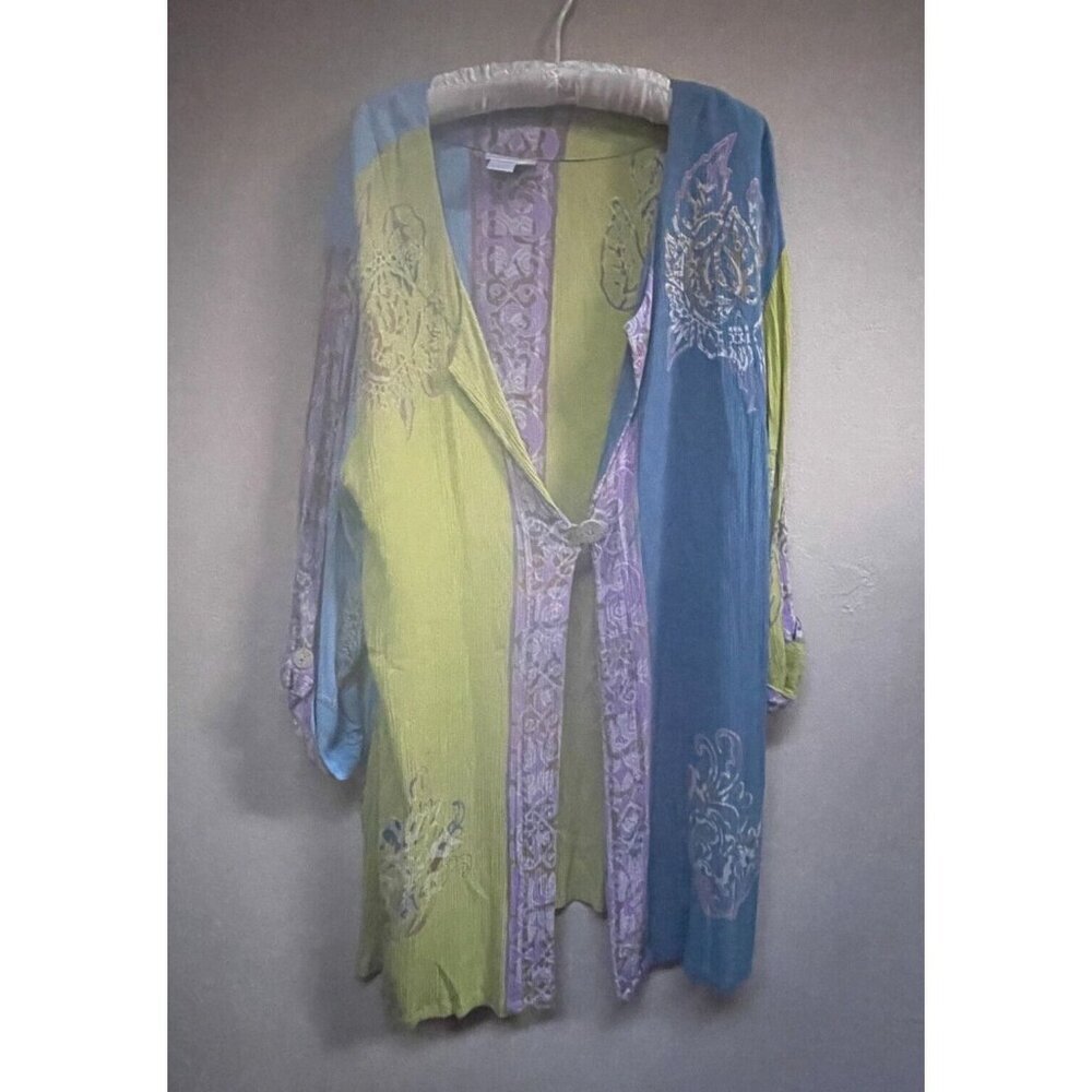 Soft Surroundings Lime Blue Batik Print Rayon One Button Jacket Cover-Up Large